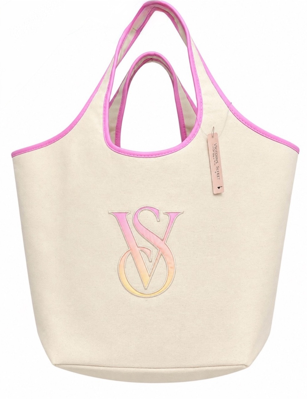 NWT Victoria's Secret Cotton Canvas Beach Tote with Pink Trim and ombre logo VS